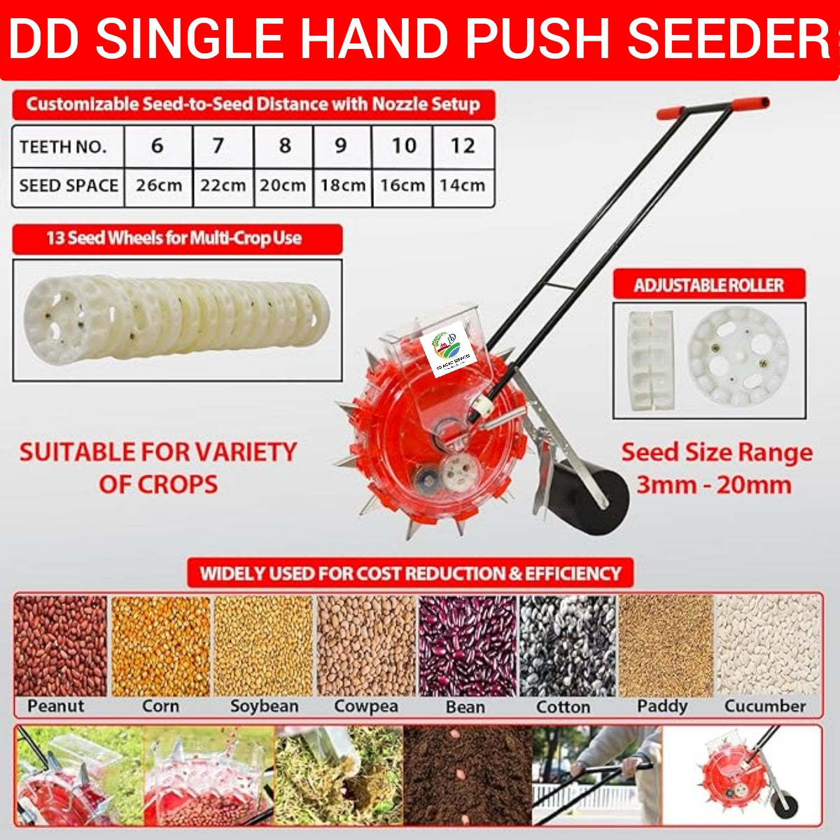 Hand Push Manual Seeder SINGLE | Precision Multi-Crop Planter for Paddy, Peanut, Maize, Soybean, Sunflower, Cotton, Beans | 13 Adjustable Seed Wheels | 12Teeth (STEEL) # Adjustable Seed Spacing